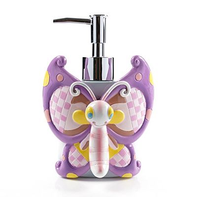 Wendin Cartoon Series Bath Accessory Set, Soap Dispenser Pump, Toothbrush Holder, Tumbler, Soap Dish Resin Art Color Decoration (Butterfly Soap Pump)