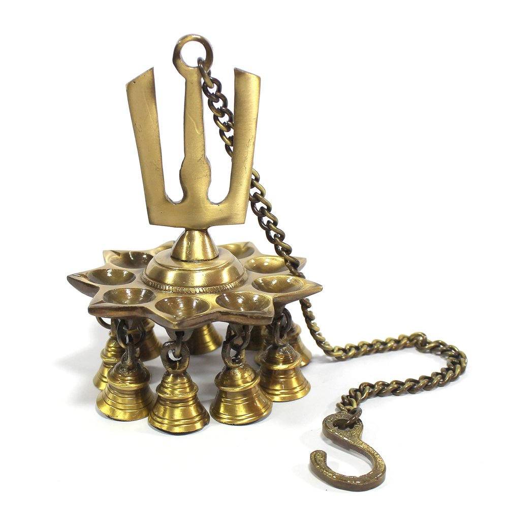 Krishna Wall Hanging Brass Diya with Bells and Chain | Oil Lamp | Home Decor | Diya, Deepak, Deepam (Namah Design Diya) | Brass