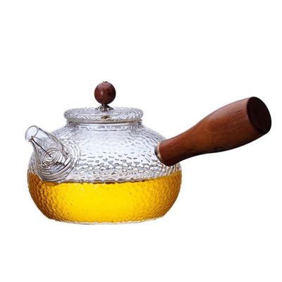 370ml Borosilicate Glass Small Teapot with Wooden Handle Boil Tea Ware Heat Resistant Tea Maker Blooming and Loose Leaf Microwavable and Stovetop Safe