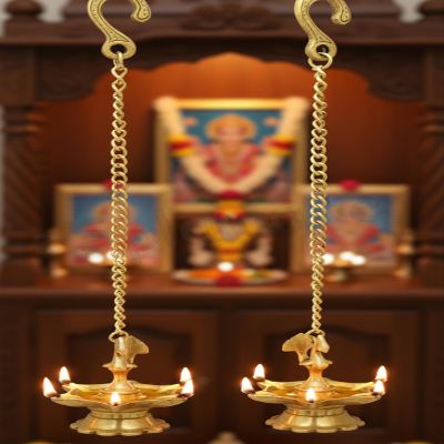 eSplanade - Krishna Wall Hanging Brass Diya with Bells | Oil Lamp | Home Decor | Diya, Deepak, Deepam (Peacock Diya Pair)