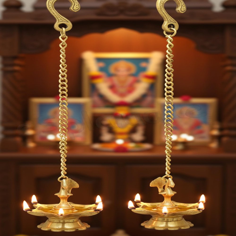 eSplanade - Krishna Wall Hanging Brass Diya with Bells | Oil Lamp | Home Decor | Diya, Deepak, Deepam (Peacock Diya Pair)