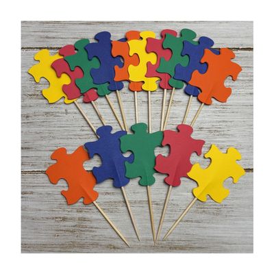 Crafts4u Primary Colored Puzzle Piece Cupcake Toppers Food Picks Party Decorations Supplies Set of 24