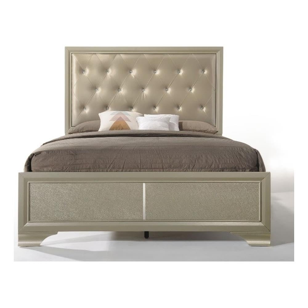 Acme Carine Faux Leather Tufted Queen Panel Bed in Champagne Beige