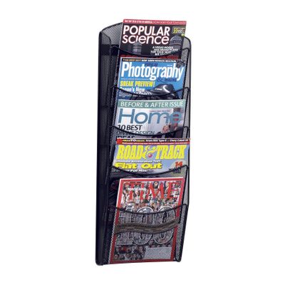 Pemberly Row 5 Pocket Magazine Rack, Black Powder Coat Steel Mesh, Wall Mounted, 28.33 in H x 10.25 in W x 3.5 in D, Contemporary Design for Office, Reception Area, or Workspace Organization