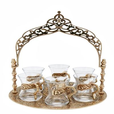 8 Piece Traditional Turkish Style Tea Serving Set Istikana with Arched Tray (Antique Silver)
