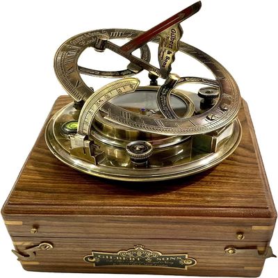 A S Handicrafts Engraved brass Sundial Clock 5 inches Large Sun dial Compass in Rosewood Case Top Grade Calibrated Vintage Gift Perfect Vintage Gift for him - Unique Gift