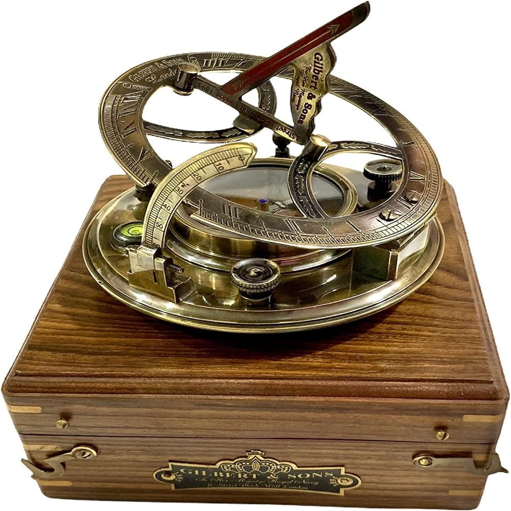 A S Handicrafts Engraved brass Sundial Clock 5 inches Large Sun dial Compass in Rosewood Case Top Grade Calibrated Vintage Gift Perfect Vintage Gift for him - Unique Gift