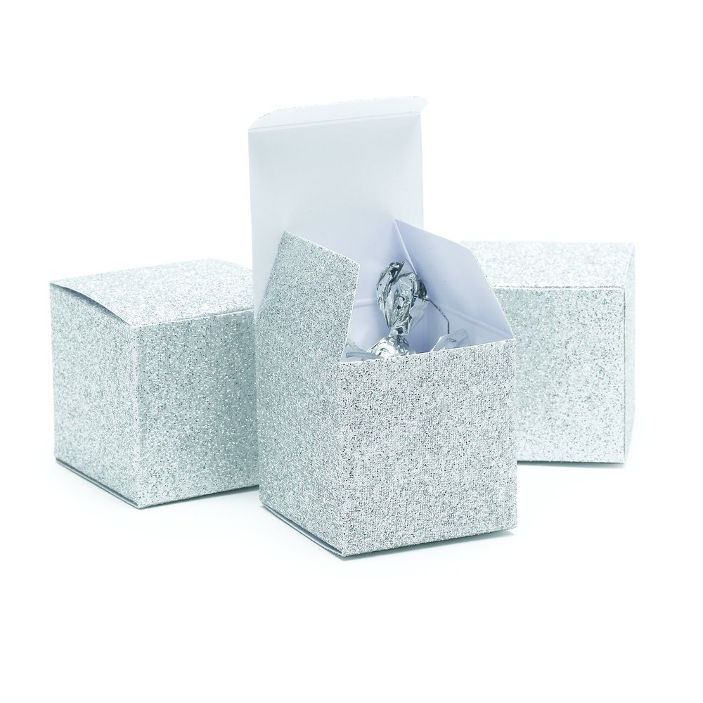 Hortense B. Hewitt One-Piece Favor Boxes, 2-Inch, Silver Glitter, 25-Count