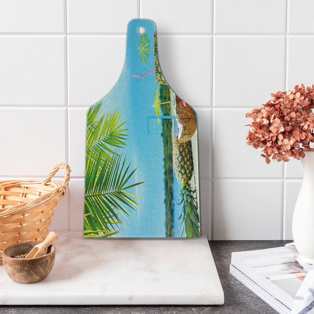 Ambesonne Tropical Cutting Board, Fresh Summer Fruits Coconut and Pineapple Drinks at Exotic Beach Palm Trees, Decorative Tempered Glass Cutting and Serving Board, Wine Bottle Shape, Blue and Green