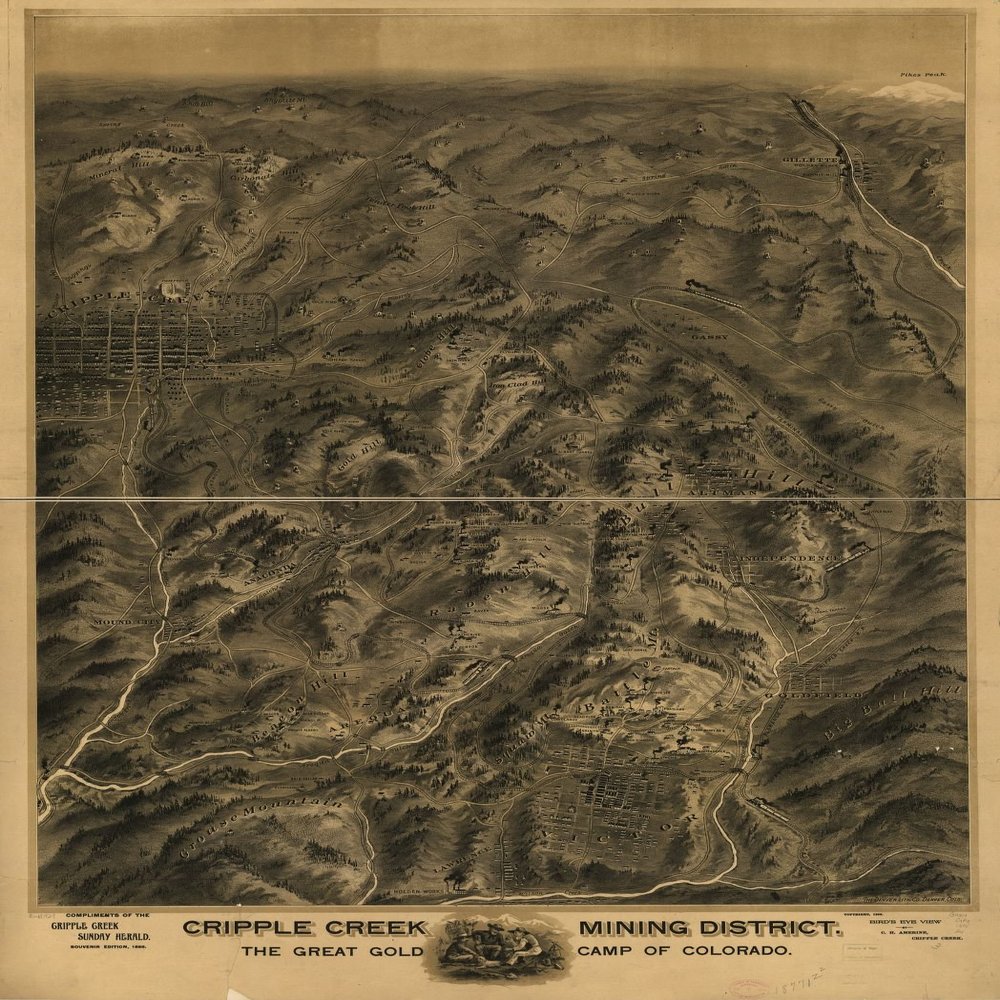 18" x 24" 1895 Map of Cripple Creek Mining District Great Gold Camp of Colorado Aerial View