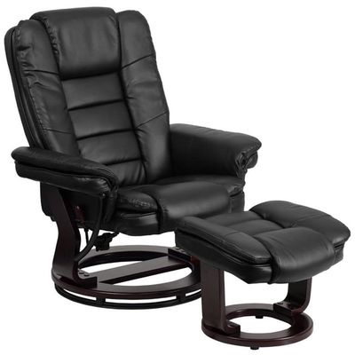 BOWERY HILL Contemporary LeatherSoft Plush Arms Recliner and Ottoman in Black