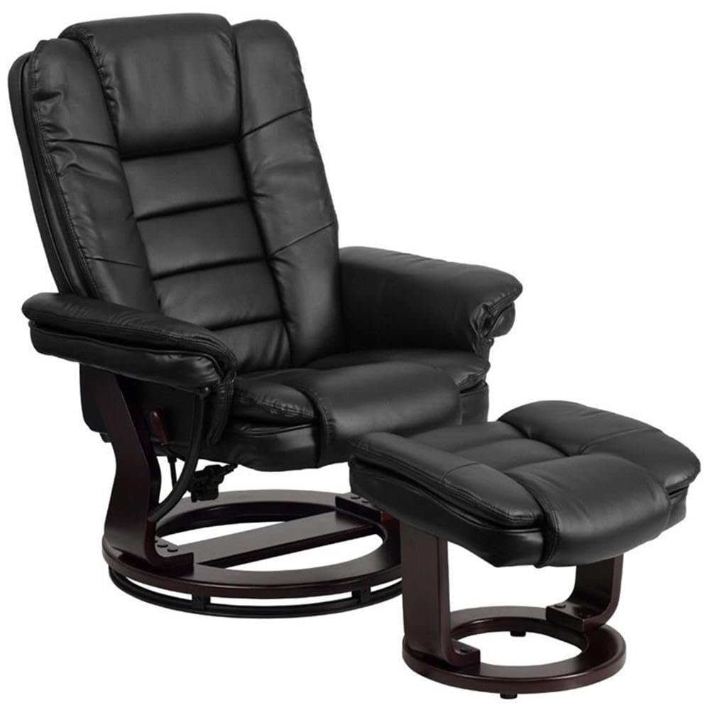 BOWERY HILL Contemporary LeatherSoft Plush Arms Recliner and Ottoman in Black