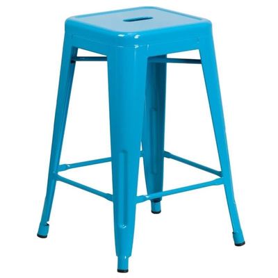 BOWERY HILL 24" Metal Counter Stool, Crystal Blue Powder Coat Finish, Backless Stackable Design, Cross Brace Stability, Plastic Floor Glides, Indoor/Outdoor Use, Space-Saving Modern Industrial Style