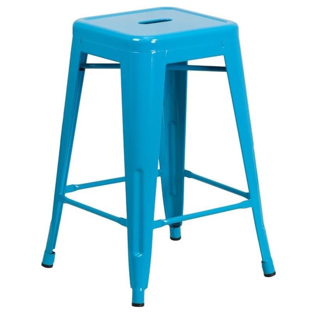 BOWERY HILL 24" Metal Counter Stool, Crystal Blue Powder Coat Finish, Backless Stackable Design, Cross Brace Stability, Plastic Floor Glides, Indoor/Outdoor Use, Space-Saving Modern Industrial Style