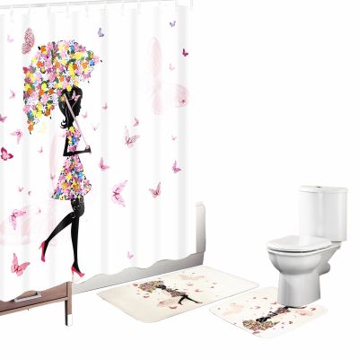 Amagical 3 Piece Bathroom Mat Set Shower Curtain Set Fairy Girl with Floral Umbrella and Dress Walking with Butterflies Print Bath Mat Contour Mat Fabric Waterproof Curtain with 12 Hooks