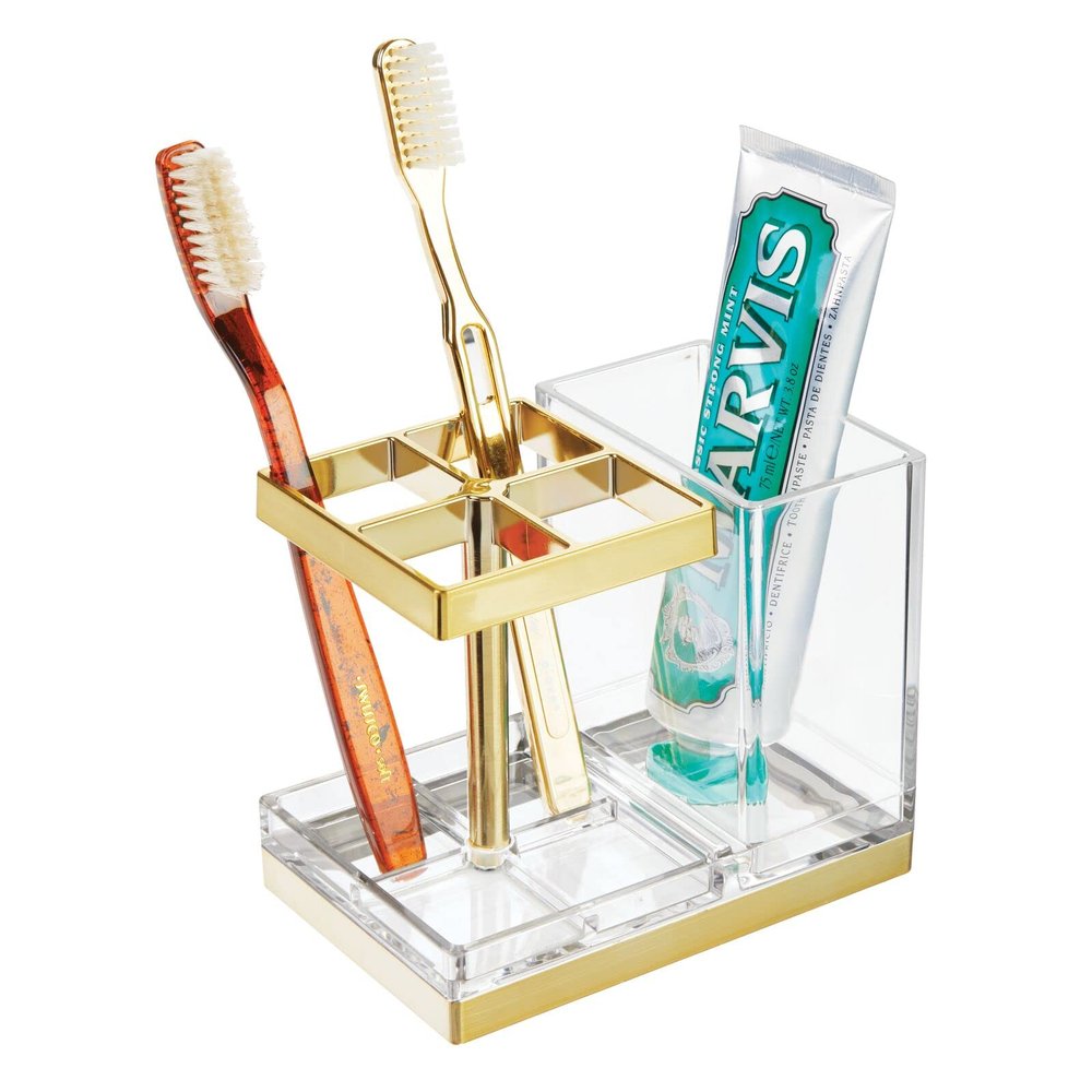 mDesign Plastic Toothbrush and Toothpaste Storage Organizer Holder - Home Decor for Bathroom Countertop - Holds Toiletries and Beauty Accessories - Lumiere Collection - Clear/Soft Brass
