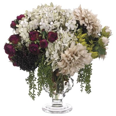 15" Hx18 W Hydrangea & Rose Silk Flower Arrangement -Beige/Violet