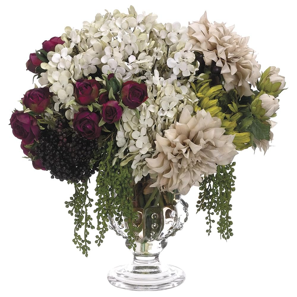 15" Hx18 W Hydrangea & Rose Silk Flower Arrangement -Beige/Violet