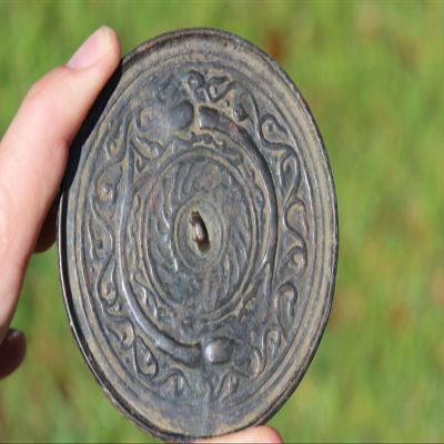 Antique Middle Eastern Bactrian Bronze Mirror with 2 Snakes, 200 BC-100 AD