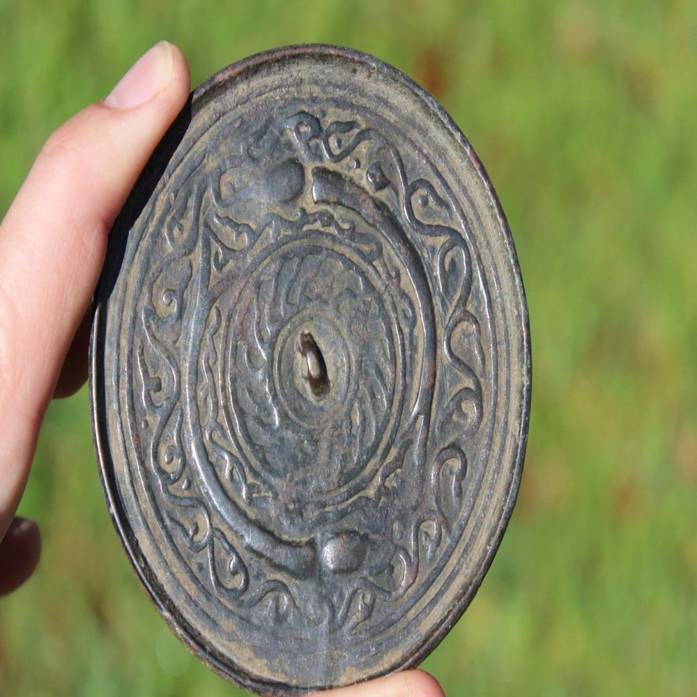 Antique Middle Eastern Bactrian Bronze Mirror with 2 Snakes, 200 BC-100 AD