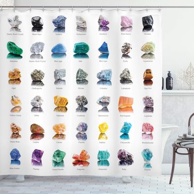 Ambesonne Gemstone Shower Curtain, Composition of Gemstones with Names Tiger Eye Sulphur and Ruby Mineral Geology, Cloth Fabric Bathroom Decor Set with Hooks, 69" W x 84" L, White