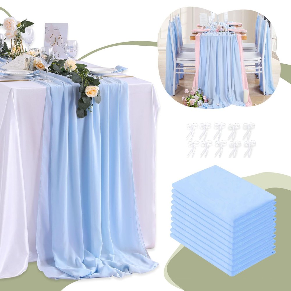 10 Pieces 10Ft Chiffon Table Runners Blue Sheer Rustic Wedding Table Runner Elegant Bridal Party Decorations 27x120 Inches