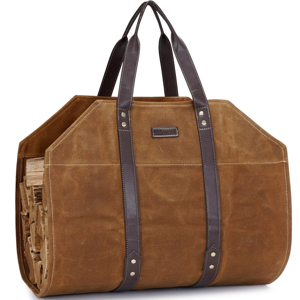 Canvas Firewood Log Carrier Bag, Waxed Durable Wood Tote of Fireplace Stove Accessories, Extra Large Hay Hauling with Handles for Outdoor Camping-Rust