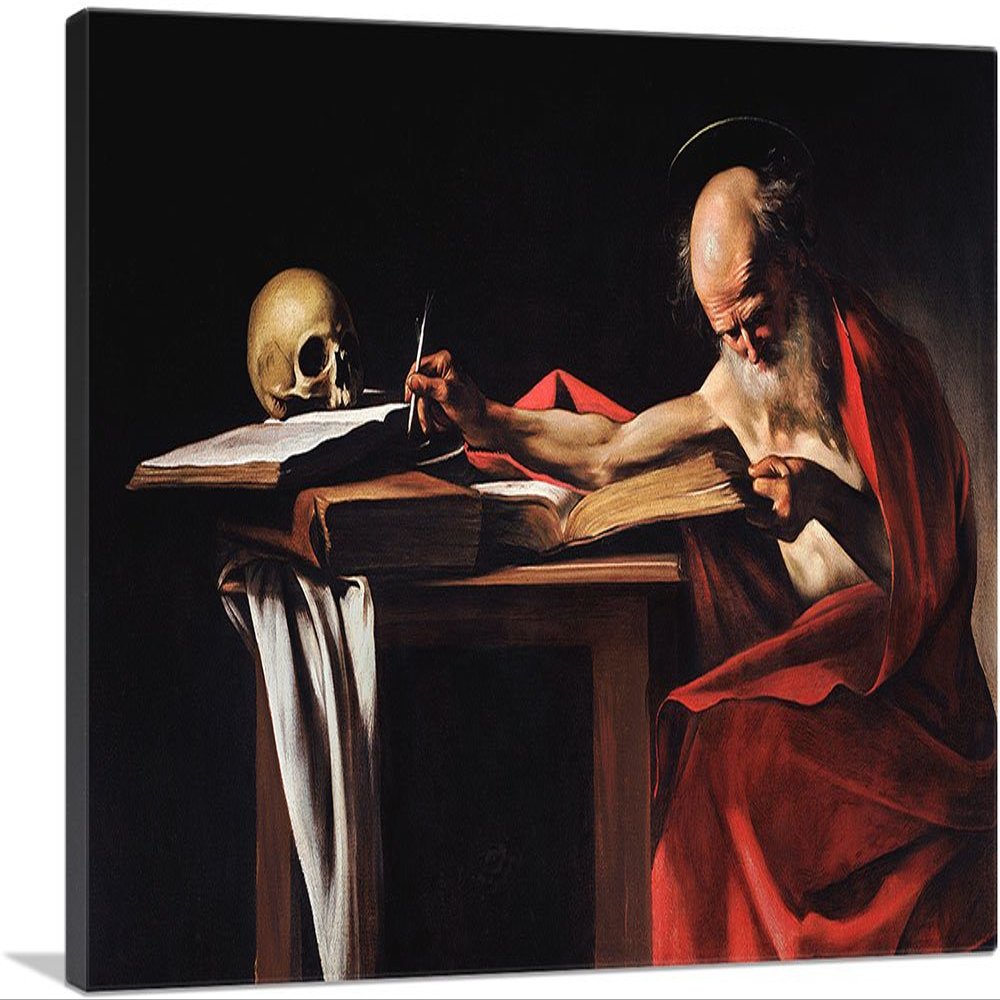 ARTCANVAS Saint Jerome Writing 1606 Canvas Art Print Stretched Framed Painting Picture Poster Giclee Wall Decor by Caravaggio - 40" x 26" (0.75" Deep)