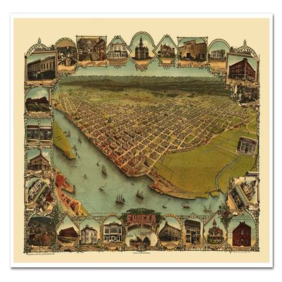 Antiguos Maps Eureka, Humboldt County California circa 1902 | Birds Eye View Art Print Poster Vintage Wall Decor | 24 x 36 inches (610 x 915 mm)