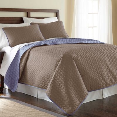 Amrapur Overseas | Leaf 3-Piece Reversible Coverlet Set (Stone/Dusty Periwinkle, King)