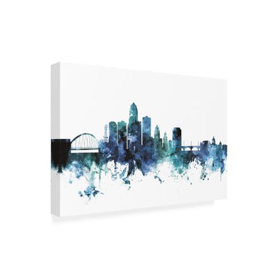 Wrapped Canvas Wall Art - Michael Tompsett 'Des Moines Iowa Blue Teal Skyline' Wall Art for Living Room, Bedroom, or Office Dcor - 16x24