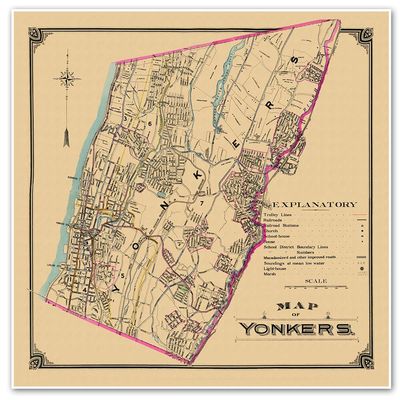 Antiguos Maps Transportation and Streets of Yonkers New York circa 1900 | Art Print Poster Vintage Wall Decor | 24 x 24 inches (610 x 610 mm)