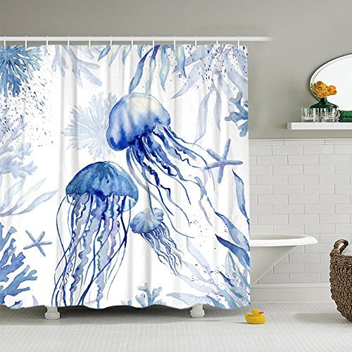 Amagical Ocean Animal Blue Jellyfish Seashells Sea World Shower Curtains Waterproof Polyester Fabric with 12 Hooks 72 x 72 Inch