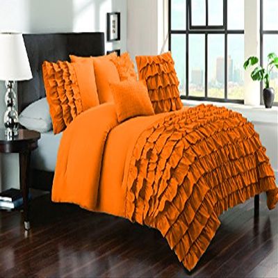 Bedding Empire Luxurious 3 Piece Half Ruffle Duvet Cover Set 100% Egyptian Cotton 500 Thread Count Emperor Size, Orange Color