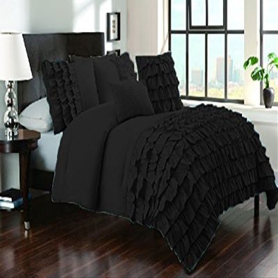 Bedding Empire Luxurious 3 Piece Half Ruffle Duvet Cover Set 100% Egyptian Cotton 500 Thread Count Queen Size, Black Color