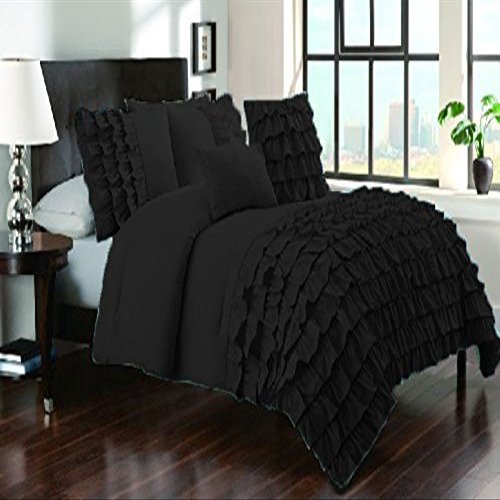 Bedding Empire Luxurious 3 Piece Half Ruffle Duvet Cover Set 100% Egyptian Cotton 500 Thread Count Queen Size, Black Color