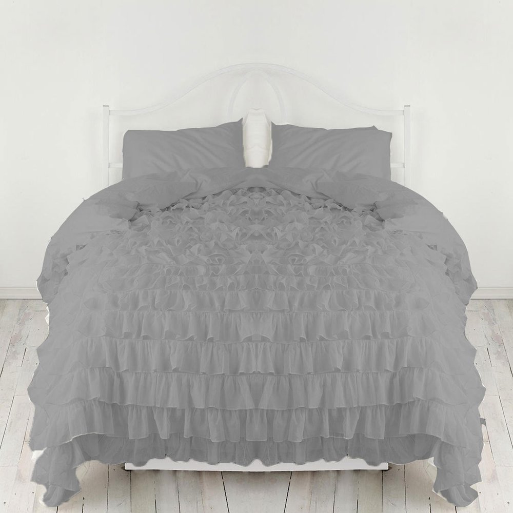 Bedding Empire Luxurious 3 Piece Ruffle Duvet Cover Set 100% Egyptian Cotton 500 Thread Count Emperor Size, Gray Color