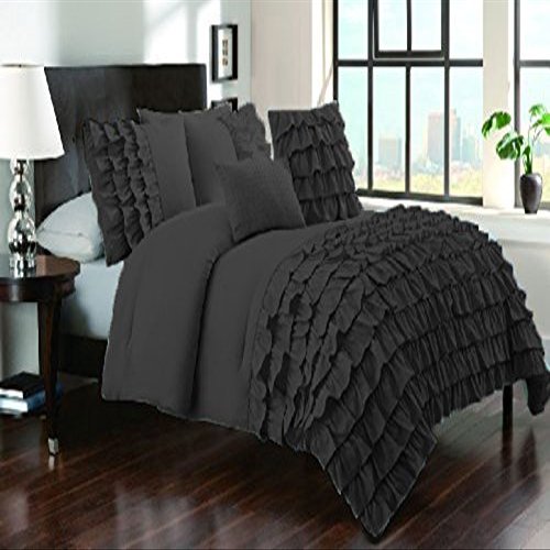 Bedding Empire Luxurious 3 Piece Half Ruffle Duvet Cover Set 100% Egyptian Cotton 500 Thread Count Emperor Size, Gray Color