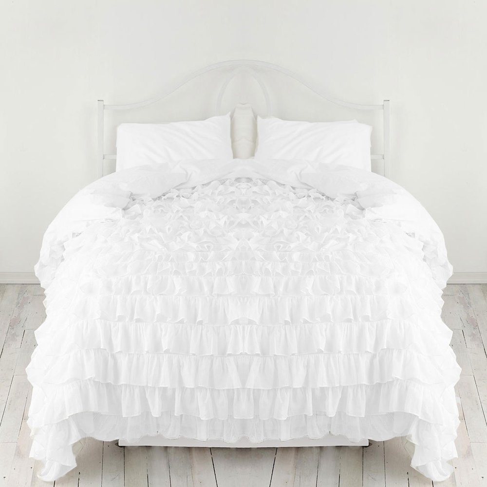 Bedding Empire Luxurious 3 Piece Ruffle Duvet Cover Set 100% Egyptian Cotton 500 Thread Count Emperor Size, White Color