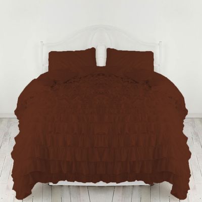 Bedding Empire Luxurious 3 Piece Ruffle Duvet Cover Set 100% Egyptian Cotton 500 Thread Count Queen Size, Brown Color