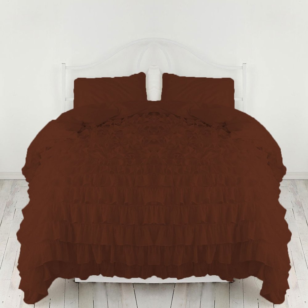 Bedding Empire Luxurious 3 Piece Ruffle Duvet Cover Set 100% Egyptian Cotton 500 Thread Count Queen Size, Brown Color