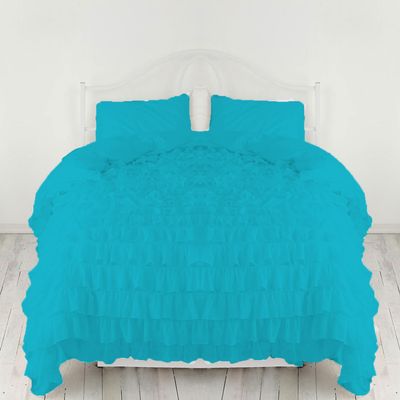 Bedding Empire Luxurious 3 Piece Ruffle Duvet Cover Set 100% Egyptian Cotton 500 Thread Count Queen Size, Turquoise Color