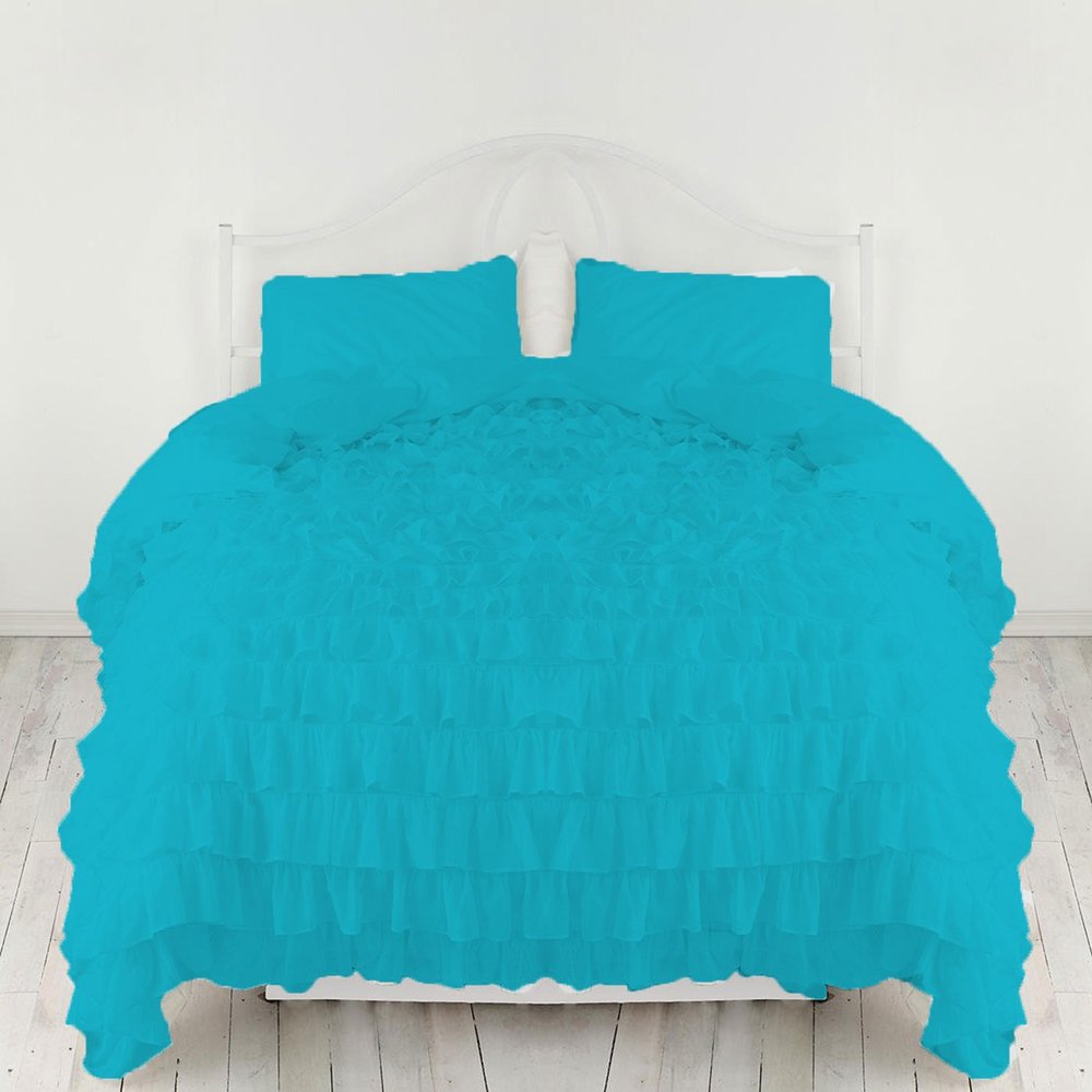 Bedding Empire Luxurious 3 Piece Ruffle Duvet Cover Set 100% Egyptian Cotton 500 Thread Count Queen Size, Turquoise Color