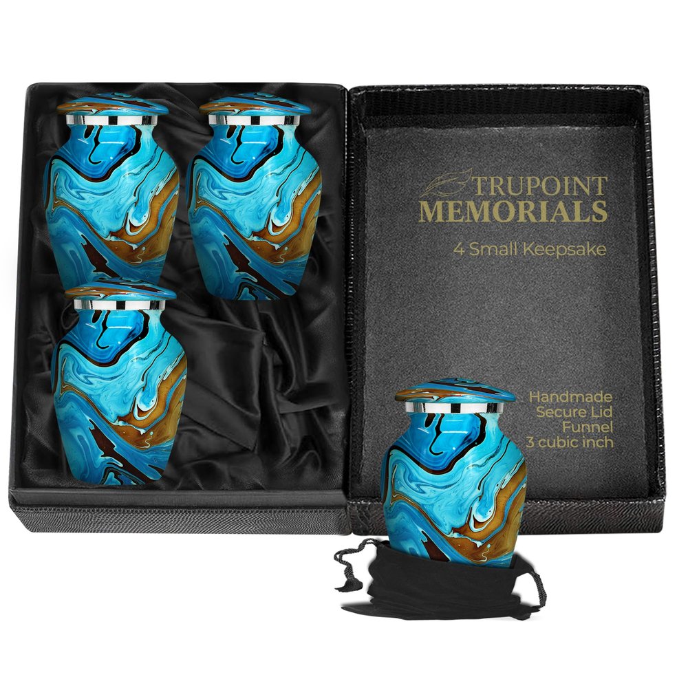 Trupoint Memorials Small Urns for Human Ashes Keepsake, Camouflage and Hunters Decorative Mini Cremation Urn for Adult Men & Women, Set of 4, Blue