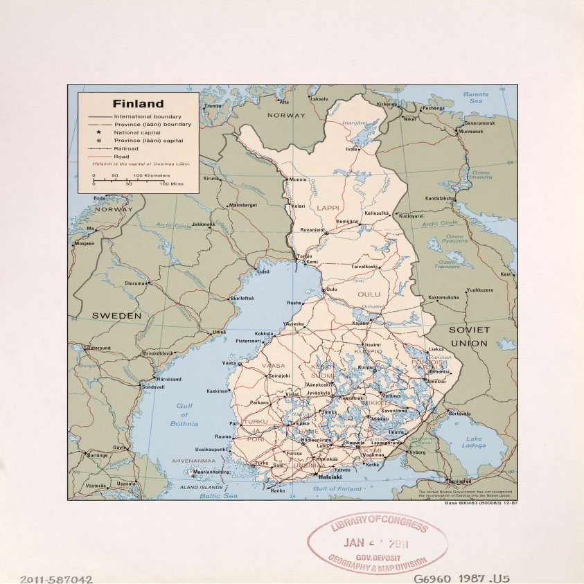 18" x 24" 1987 Map of Finland Railroads Roads
