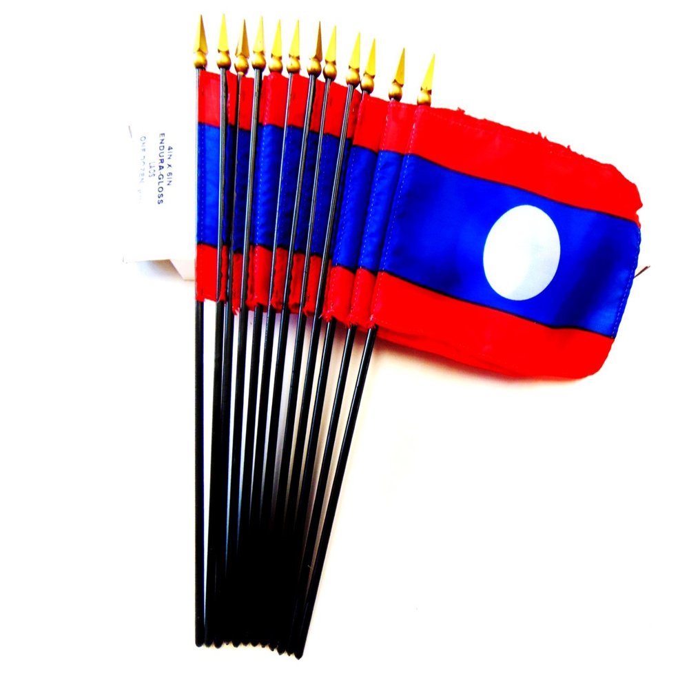 12 Laos Desk Flags 4x6 Inch AmericanMade Miniature Table Flags | Pack of 12 Small Mini Flags