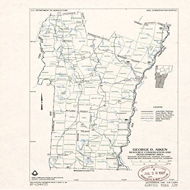 18" x 24" 1987 Map of George D Aiken Resource Conservation & Development Area Addison Bennington Orange Rutland Windham & Windsor Counties Vermont