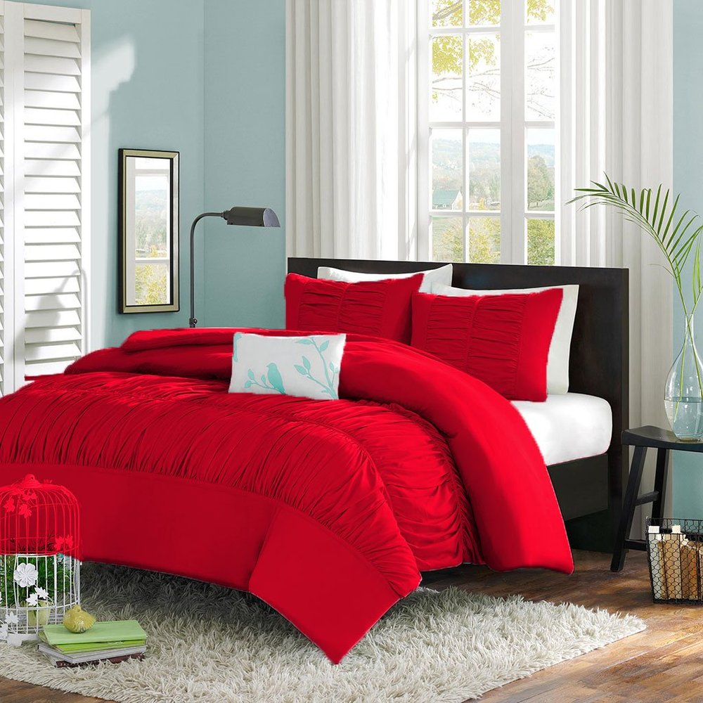 Bedding Empire Luxurious 5 Piece Center Gathered Ruffle Duvet Cover with Extra Pillow Sham 100% Egyptian Cotton 500 Thread Count King Size, Red Color