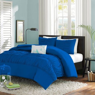 Bedding Empire Luxurious 5 Piece Center Gathered Ruffle Duvet Cover with Extra Pillow Sham 100% Egyptian Cotton 500 Thread Count King Size, Blue Color