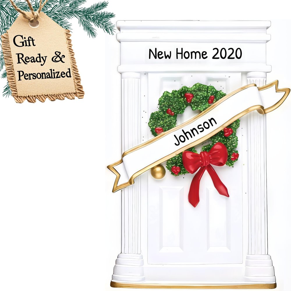 3D Personalized First Christmas in New Home Ornament 2025 | White Door with Wreath Our First Home Ornament 2025 New House Ornaments for Homeowners, Apartments, Neighbors, House Warming Gifts for 1st